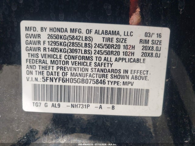 Honda Pilot Elite 2016 5FNYF6H05GB075846 Image 9