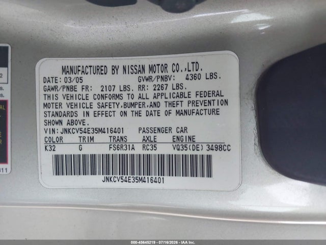 45645219 :رقم المزاد ، JNKCV54E35M416401 vin ، 2005 Infiniti G35 مزاد بيع