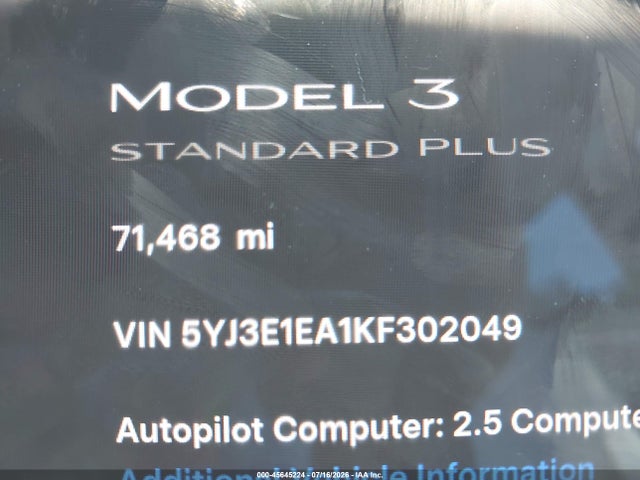 Aukcja sprzedaży 2019 Tesla Model 3 Long Range/mid Range/standard Range/standard Range Plus, vin: 5YJ3E1EA1KF302049, numer aukcji: 45645224