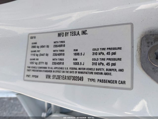 Продажа на аукционе авто 2019 Tesla Model 3 Long Range/mid Range/standard Range/standard Range Plus, vin: 5YJ3E1EA1KF302049, номер лота: 45645224