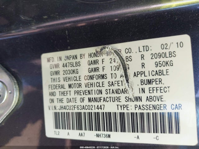 45645226 :رقم المزاد ، JH4CU2F63AC021447 vin ، 2010 Acura Tsx 2.4 مزاد بيع
