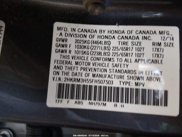 Honda CR-V EX 2015 2HKRM3H55FH507503 Image 9