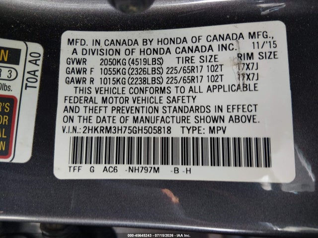 Auction sale of the 2016 Honda Cr-v Ex-l, vin: 2HKRM3H75GH505818, lot number: 45645243