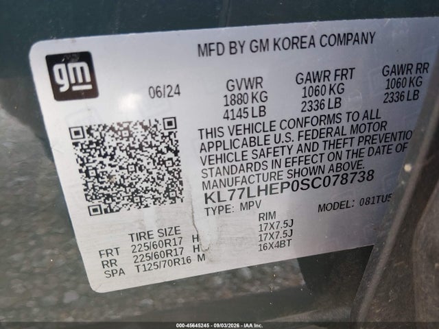 45645245 :رقم المزاد ، KL77LHEP0SC078738 vin ، 2025 Chevrolet Trax Fwd Lt مزاد بيع
