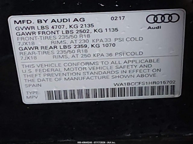 WA1BCCFS1HR015702 Audi Q3 2.0t Premium