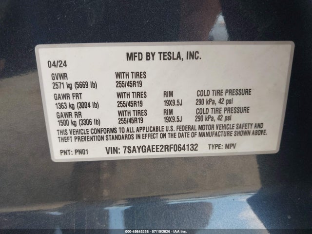 Aukcja sprzedaży 2024 Tesla Model Y Long Range Dual Motor All-wheel Drive, vin: 7SAYGAEE2RF064132, numer aukcji: 45645256