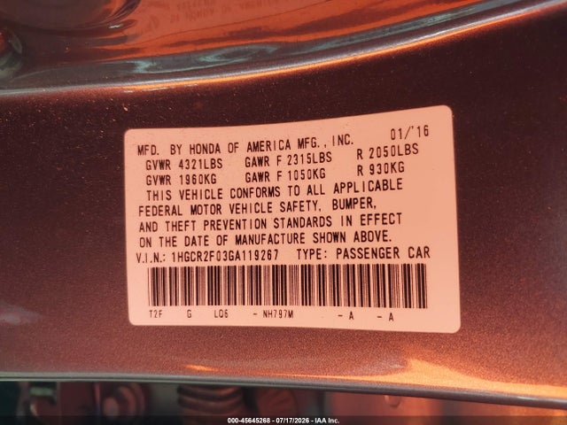 Honda ACCORD EX 2016 1HGCR2F03GA119267 Image 9