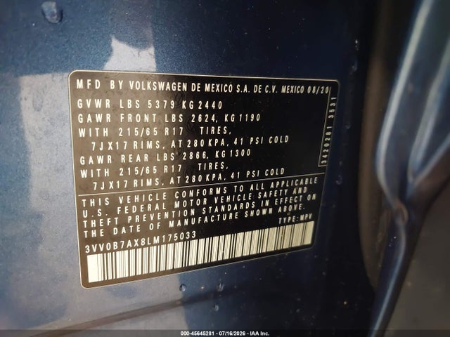 3VV0B7AX8LM175033 Volkswagen Tiguan 2.0t S