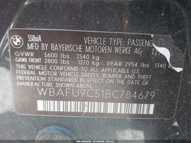 Продаж на аукціоні авто 2011 Bmw 550i Xdrive, vin: WBAFU9C51BC784679, номер лоту: 45645285