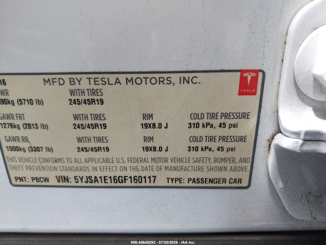 Продаж на аукціоні авто 2016 Tesla Model S 60/70/75/85, vin: 5YJSA1E16GF160117, номер лоту: 45645292