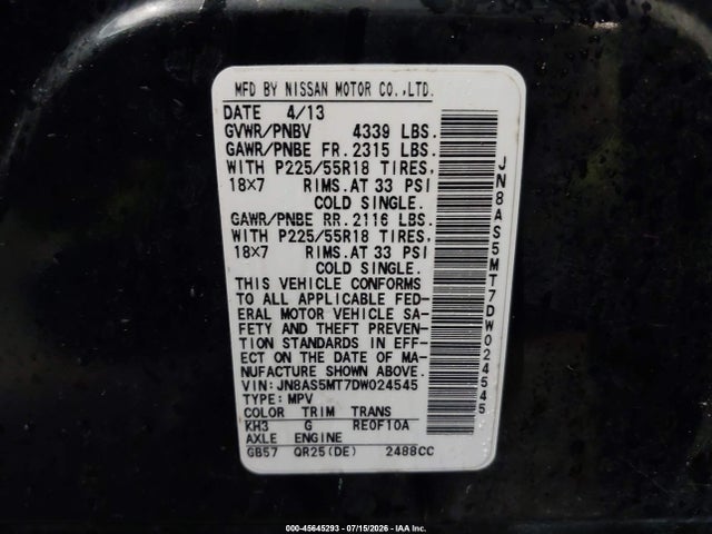 Продаж на аукціоні авто 2013 Nissan Rogue Sv W/sl Pkg, vin: JN8AS5MT7DW024545, номер лоту: 45645293