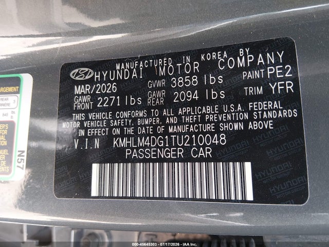 Aukcja sprzedaży 2026 Hyundai Elantra Sel Sport, vin: KMHLM4DG1TU210048, numer aukcji: 45645303