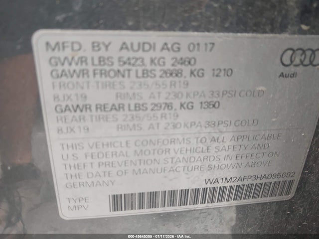 Aukcja sprzedaży 2017 Audi Q5 2.0t Premium, vin: WA1M2AFP3HA095692, numer aukcji: 45645305