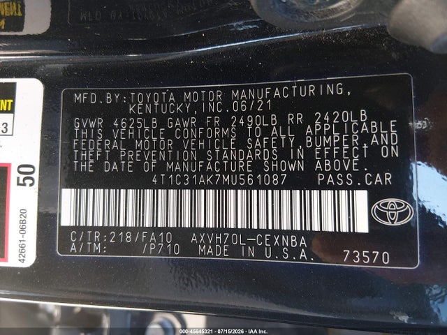 45645321 :رقم المزاد ، 4T1C31AK7MU561087 vin ، 2021 Toyota Camry Le Hybrid مزاد بيع