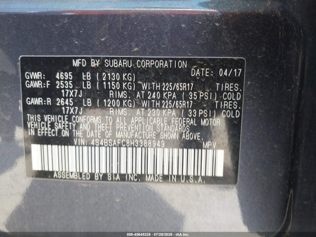 Продаж на аукціоні авто 2017 Subaru Outback 2.5i Premium, vin: 4S4BSAFC8H3388949, номер лоту: 45645328