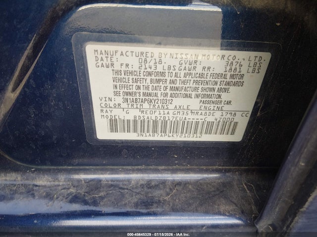 Aukcja sprzedaży 2019 Nissan Sentra Sv, vin: 3N1AB7AP6KY210312, numer aukcji: 45645329