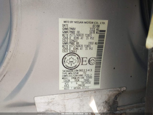 45645333 :رقم المزاد ، 5N3AA08C19N901543 vin ، 2009 Infiniti Qx56 مزاد بيع