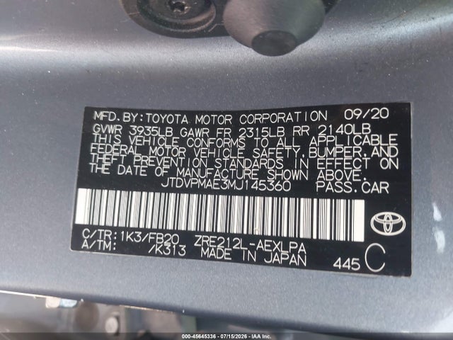 Toyota COROLLA LE 2021 JTDVPMAE3MJ145360 Image 9