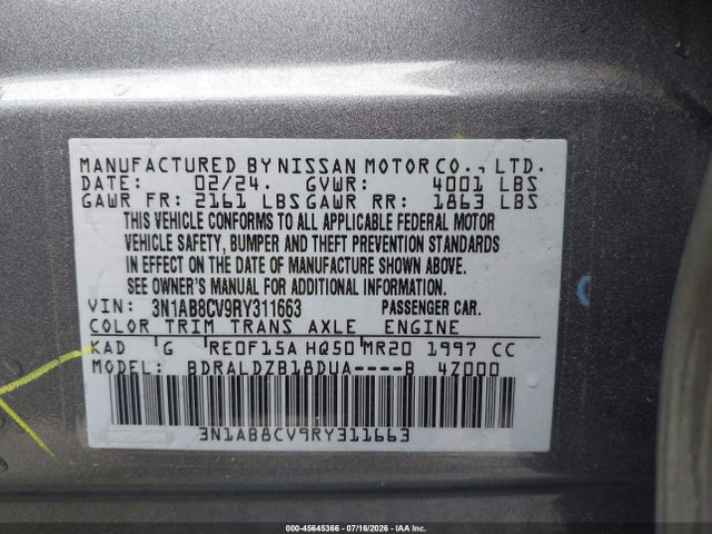 Продаж на аукціоні авто 2024 Nissan Sentra Sv Xtronic Cvt, vin: 3N1AB8CV9RY311663, номер лоту: 45645366