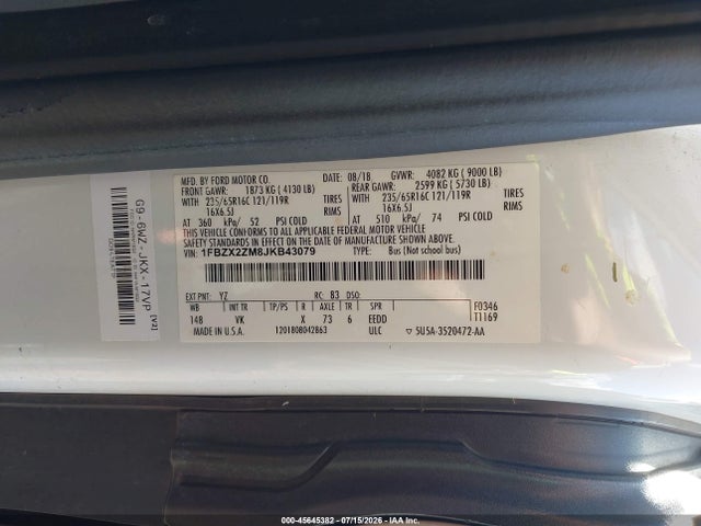 Ford Transit-350 Xl 2018 1FBZX2ZM8JKB43079 Image 9