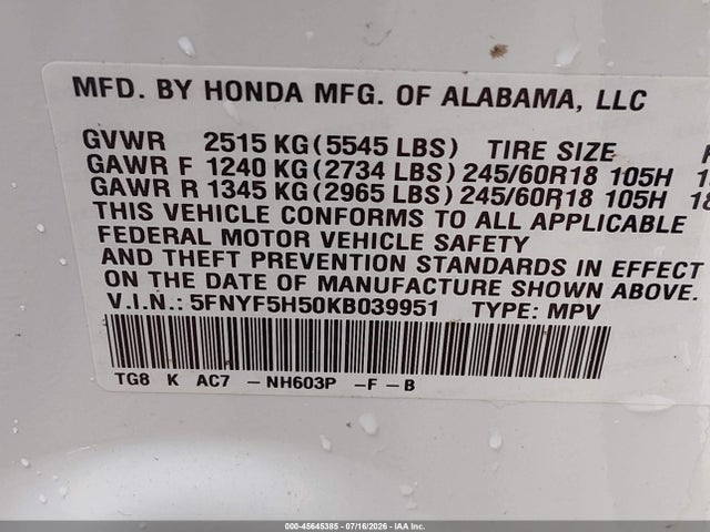 Продаж на аукціоні авто 2019 Honda Pilot Ex-l, vin: 5FNYF5H50KB039951, номер лоту: 45645385