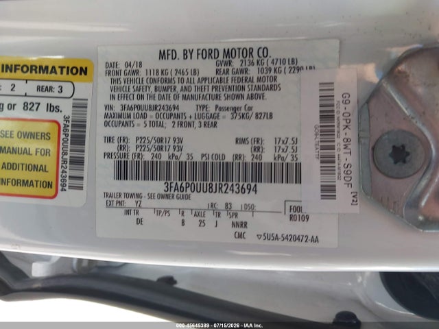 Ford Fusion Hybrid S 2018 3FA6P0UU8JR243694 Image 9