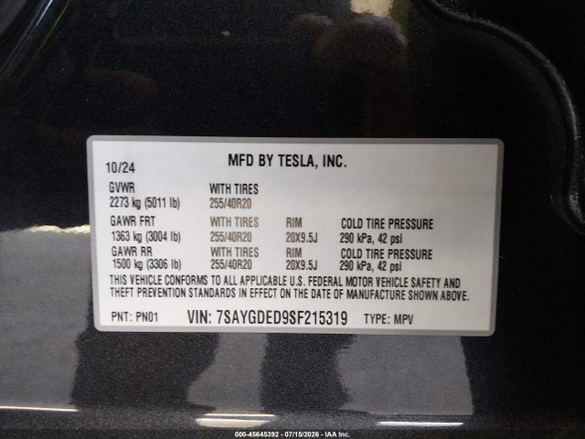 Aukcja sprzedaży 2025 Tesla Model Y Long Range Dual Motor Rear-wheel Drive, vin: 7SAYGDED9SF215319, numer aukcji: 45645392
