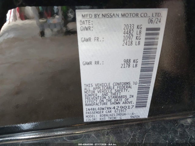 Продаж на аукціоні авто 2024 Nissan Altima Sv Intelligent Awd, vin: 1N4BL4DW7RN429017, номер лоту: 45645398