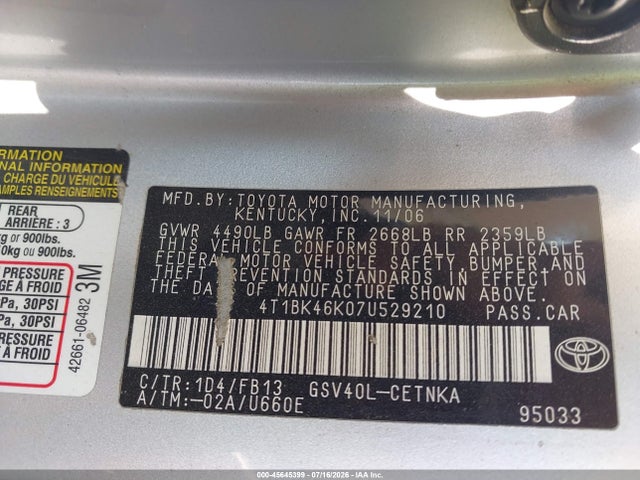 Продажа на аукционе авто 2007 Toyota Camry Le V6, vin: 4T1BK46K07U529210, номер лота: 45645399