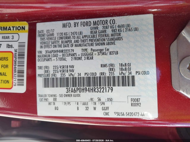 Ford FUSION SE 2017 3FA6P0H94HR322179 Image 9