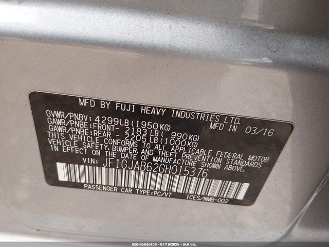 Aukcja sprzedaży 2016 Subaru Impreza 2.0i Premium, vin: JF1GJAB62GH015376, numer aukcji: 45645406