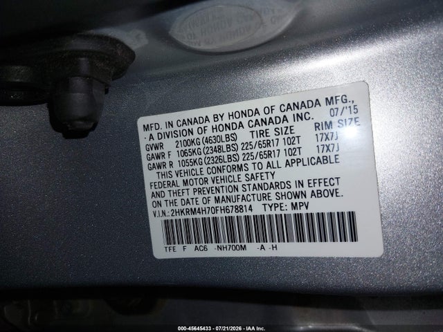 2HKRM4H70FH678814 Honda Cr-v Ex-l