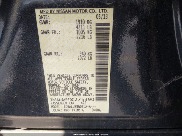 45645446 :رقم المزاد ، 1N4AL3AP4DC275390 vin ، 2013 Nissan Altima 2.5 Sv مزاد بيع