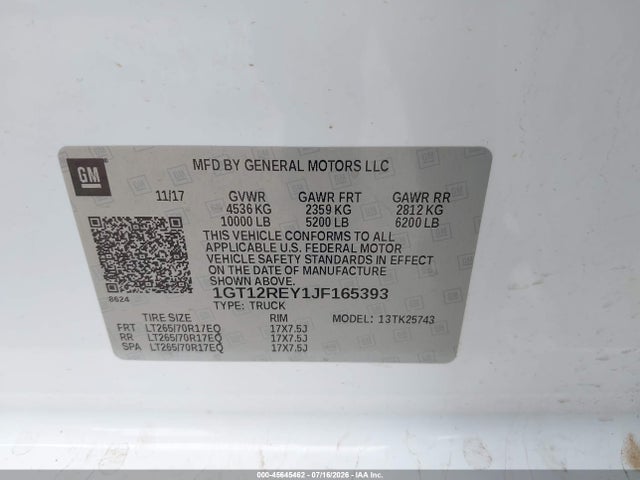 Продаж на аукціоні авто 2018 Gmc Sierra 2500hd, vin: 1GT12REY1JF165393, номер лоту: 45645462