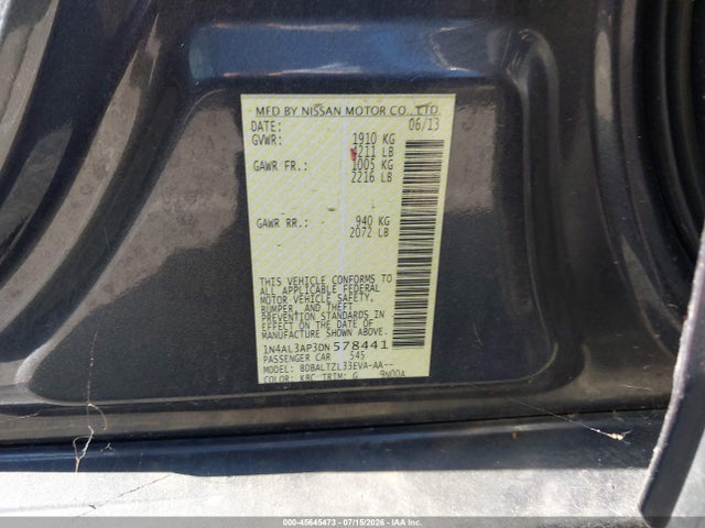 Aukcja sprzedaży 2013 Nissan Altima 2.5 Sv, vin: 1N4AL3AP3DN578441, numer aukcji: 45645473