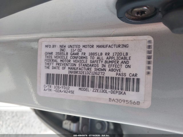 Aukcja sprzedaży 2003 Toyota Corolla S, vin: 1NXBR32E13Z126272, numer aukcji: 45645476