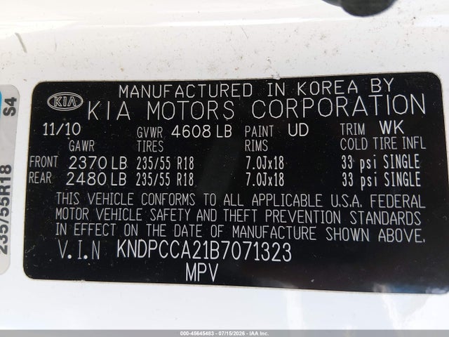 Auction sale of the 2011 Kia Sportage Ex, vin: KNDPCCA21B7071323, lot number: 45645483