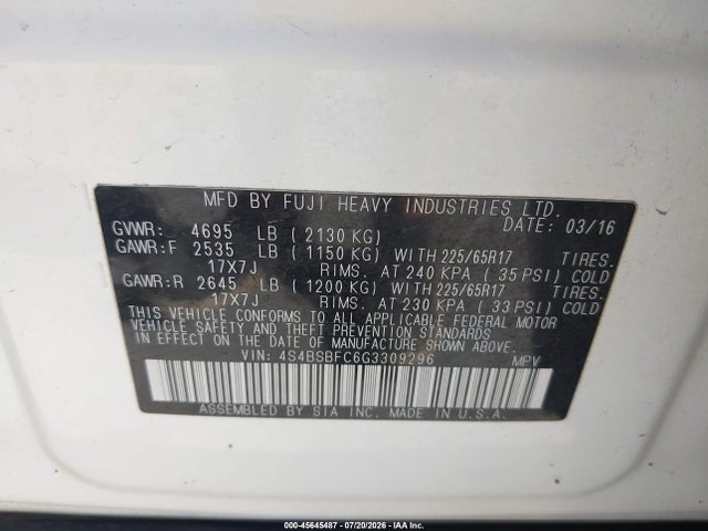 Subaru Outback 2.5i Premium 2016 4S4BSBFC6G3309296 Image 9