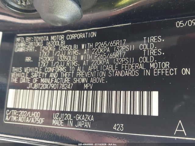 Продаж на аукціоні авто 2009 Lexus Gx 470, vin: JTJBT20X790178247, номер лоту: 45645505