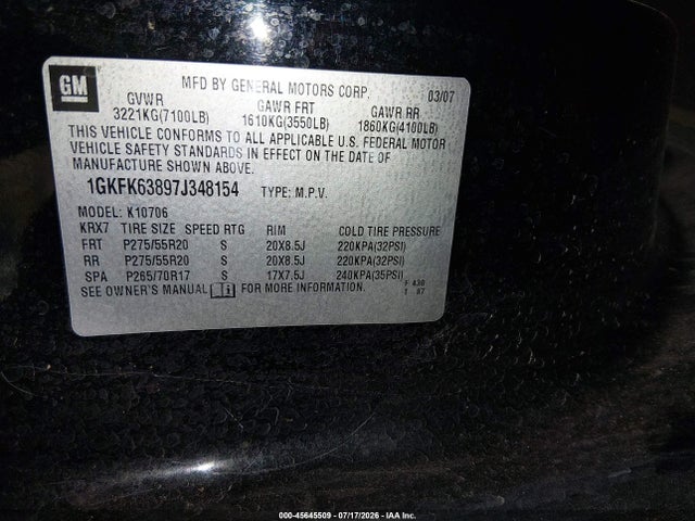Продаж на аукціоні авто 2007 Gmc Yukon Denali Denali, vin: 1GKFK63897J348154, номер лоту: 45645509