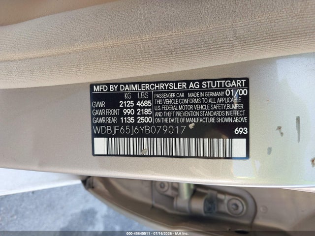 45645511 :رقم المزاد ، WDBJF65J6YB079017 vin ، 2000 Mercedes-benz E 320 مزاد بيع