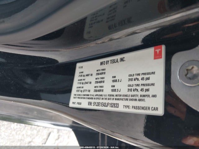 Продажа на аукционе авто 2018 Tesla Model 3 Long Range/mid Range, vin: 5YJ3E1EA3JF152833, номер лота: 45645515