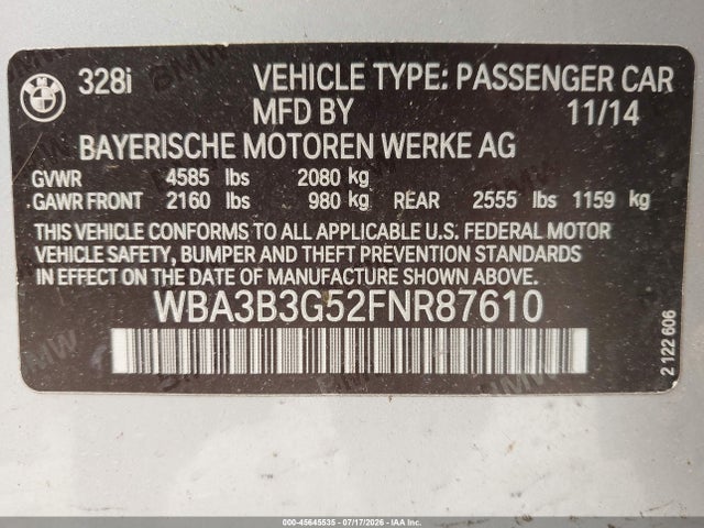 Aukcja sprzedaży 2015 Bmw 328i Xdrive, vin: WBA3B3G52FNR87610, numer aukcji: 45645535