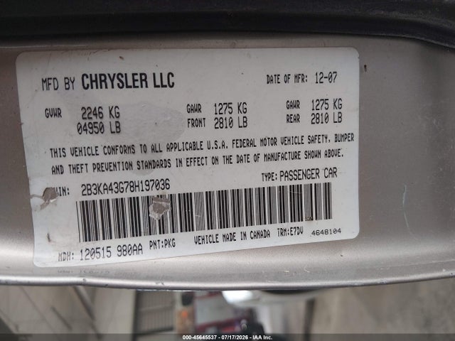 Aukcja sprzedaży 2008 Dodge Charger, vin: 2B3KA43G78H197036, numer aukcji: 45645537
