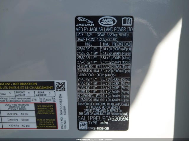 45645539 :رقم المزاد ، SAL1P9EU9TA620594 vin ، 2026 Land Rover Range Rover Sport P360 Se مزاد بيع