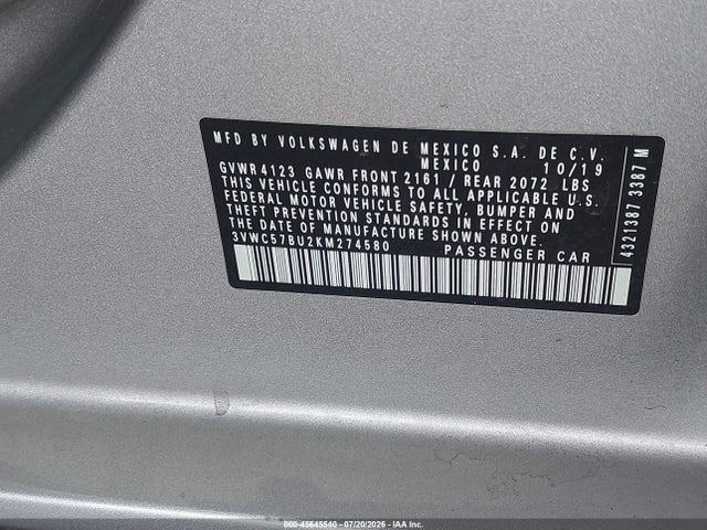 3VWC57BU2KM274580 Volkswagen Jetta 1.4t R-line/1.4t S/1.4t Se
