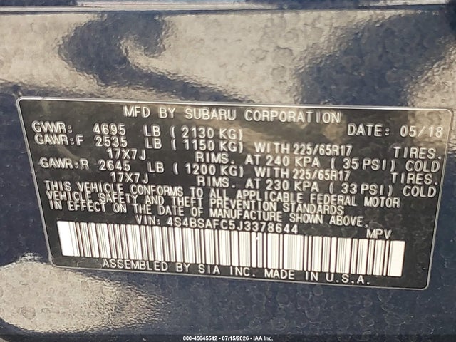 Subaru Outback 2.5i Premium 2018 4S4BSAFC5J3378644 Image 9