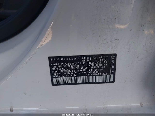 Aukcja sprzedaży 2021 Volkswagen Jetta 1.4t R-line/1.4t Se/s, vin: 3VWC57BU6MM092643, numer aukcji: 45645543