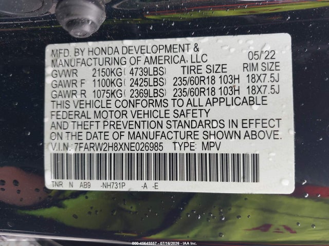 Продажа на аукционе авто 2022 Honda Cr-v Awd Ex-l, vin: 7FARW2H8XNE026985, номер лота: 45645557