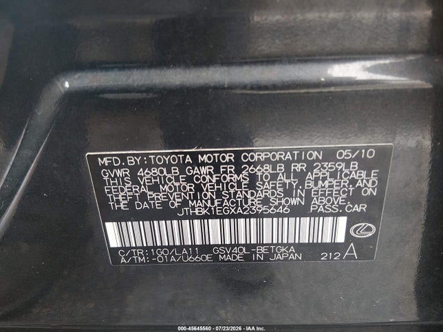 Продажа на аукционе авто 2010 Lexus Es 350, vin: JTHBK1EGXA2395646, номер лота: 45645560